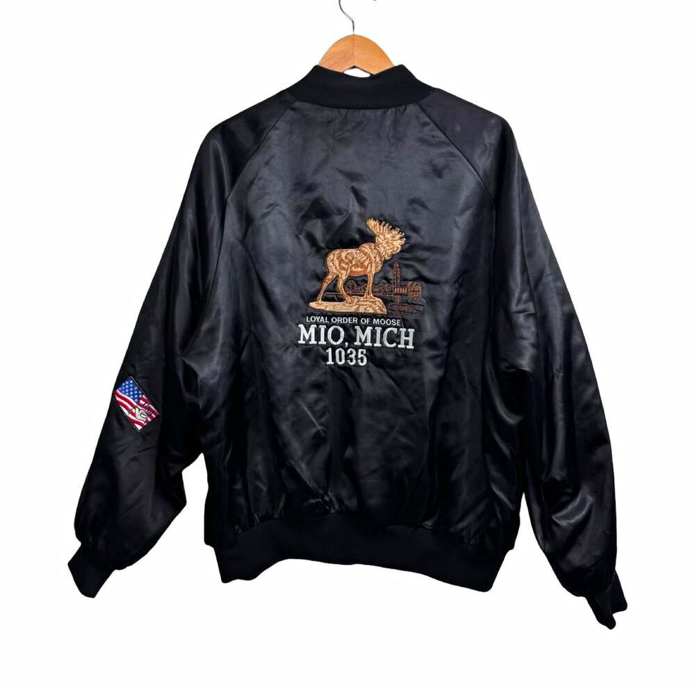 Vintage Men’s Bomber Varsity Jacket Black Snap Front Embroidered Moose Size XL